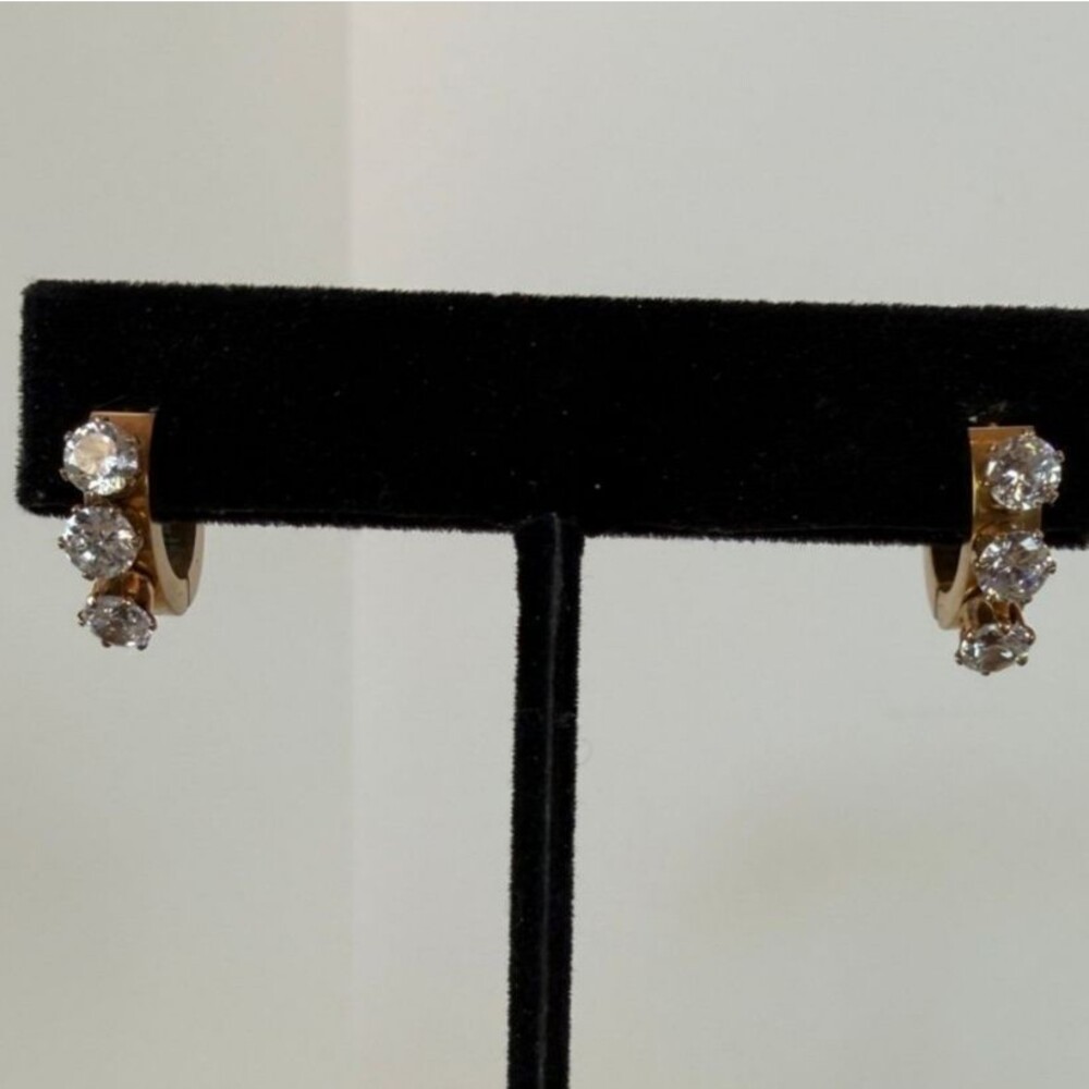 Steeltime Gold Tone Stainless Steel Crystal Huggie Earrings Signed